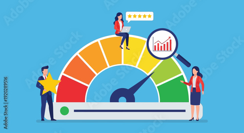 Business professionals analyzing performance metrics on a colorful graph with a magnifying glass and rating scale in a modern workspace