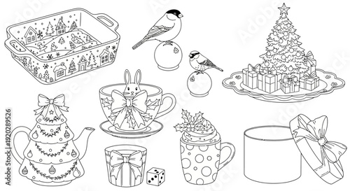 A festive black and white illustration featuring a tea party setup with birds and Christmas treats on a white background from a top view
