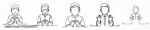 half body line art of a little Muslim boy standing in prayer gesture front view
