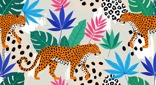 Vibrant leopards and tropical leaves pattern in a lively jungle scene from a close-up viewpoint illustrating wildlife and nature