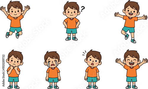Set of a little boy cartoon character with various facial expressions and body poses including jumping happy questioning and crying vector