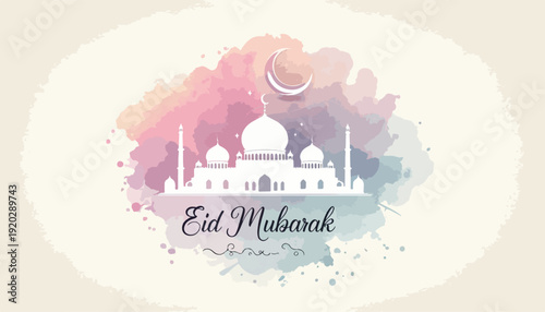 Minimal Mosque Dome Line Illustration with Soft Watercolor Eid Mubarak Design