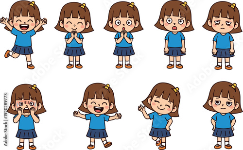 Set of a little girl cartoon character with various facial expressions and body poses including happy shy surprised tired and crying vector