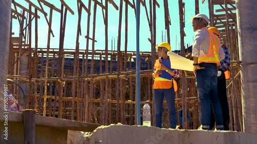 Structural engineer, architect and foreman worker with blueprints discuss, plan working for the outdoors building construction site. Construction collaboration concept. 4K