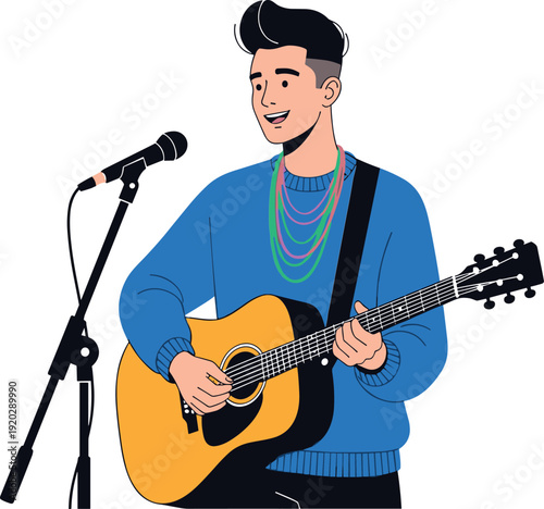 Young man cartoon character singing into microphone and playing acoustic guitar flat vector illustration isolated on white