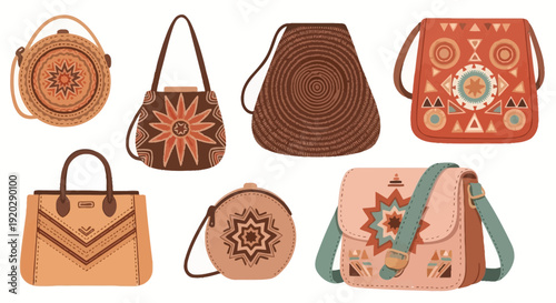Assorted leather bags and purses with various designs and patterns displayed together