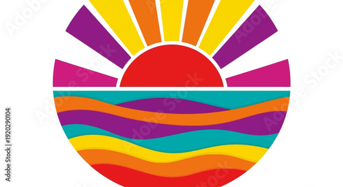 Vibrant abstract illustration of a stylized sunrise over a colorful landscape from a frontal viewpoint