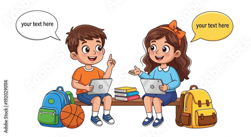 Two children sitting on a bench studying together surrounded by school bags and books