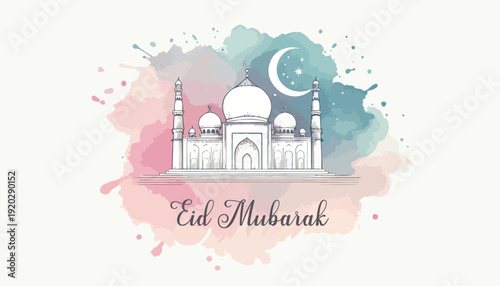 Minimal Mosque Dome Line Illustration with Soft Watercolor Eid Mubarak Design