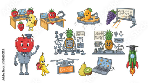 Fruitful Robotics: An assortment of cheerful fruit characters engage in robotics, highlighting the intersection of nature and technology.