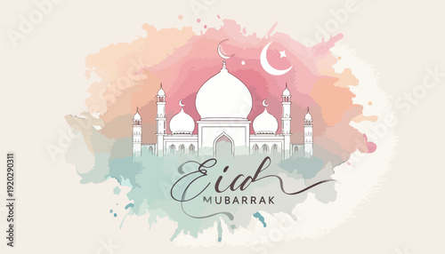Minimalist Islamic Greeting Card with Mosque Line Art and Artistic Watercolor Wash