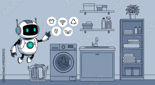 Robot assisting with laundry and household chores in a modern utility room setting from a forward viewpoint