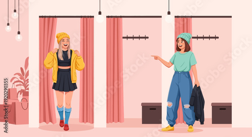 Two young women entering dressing rooms in a clothing store, standing in front of curtains, carrying bags and wearing casual clothes