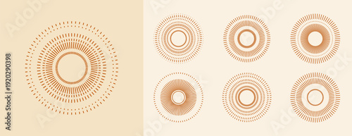 Collection of boho sunrise line icons with various retro, geometric, and radiating line designs
