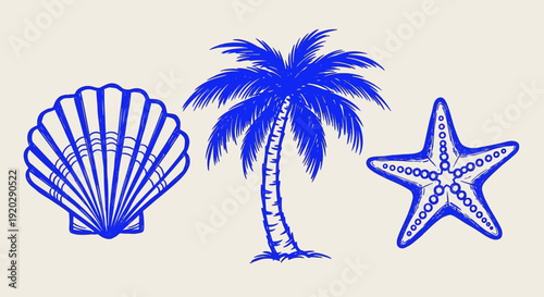 A serene beach scene featuring a seashell, palm tree, and starfish in a simple illustration style from a straightforward viewpoint