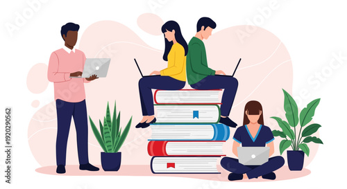 Students studying together surrounded by plants and books in a relaxed environment from a distant viewpoint