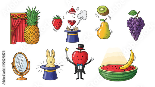 Magical Fruits and Fun: A whimsical array of colorful fruits, each with a touch of magic, dance across the stage, offering a visual feast of imagination. 