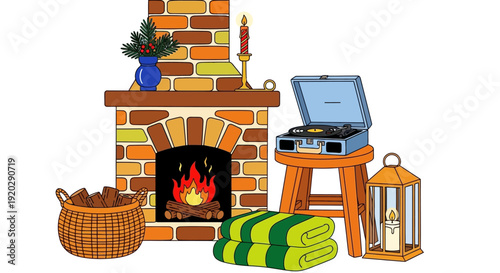 Cozy fireplace scene with burning flames and warm towels on a cold winter evening indoors