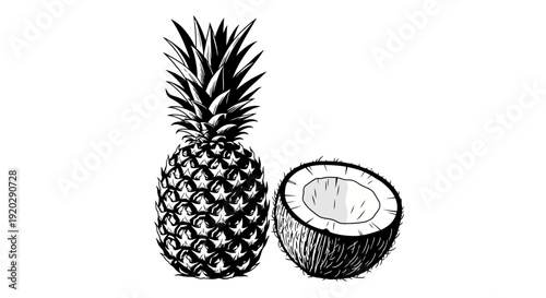 Detailed black and white illustration of a whole pineapple and a halved pineapple showcasing texture and detail from a front viewpoint