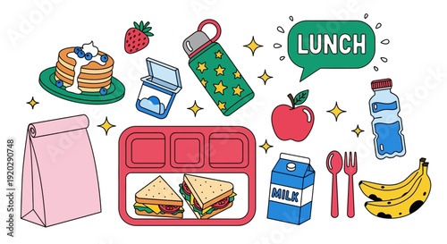 Assorted lunch items including sandwiches, fruits, and beverages arranged in a playful school lunch setting with cartoon-style illustrations