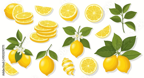Assorted lemons and lemon slices with leaves arranged in a collage on a plain background from a top view