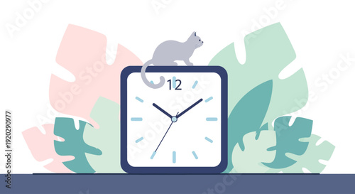 A cat is resting on top of a clock surrounded by leaves on a table