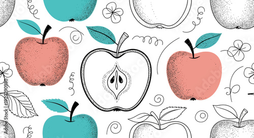 Assorted apples in various illustration styles on a seamless pattern