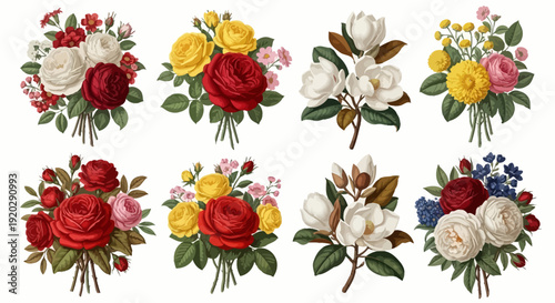 Vibrant floral arrangements in full bloom displayed together in a visually appealing collection of illustrations
