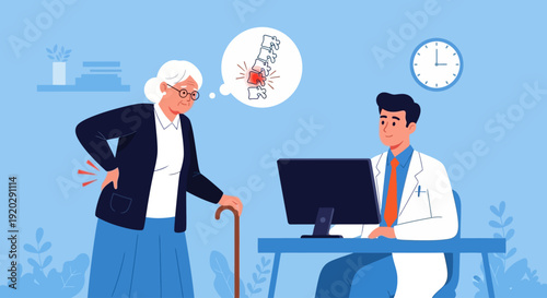 Doctor consulting with elderly patient experiencing back pain in a clinical setting