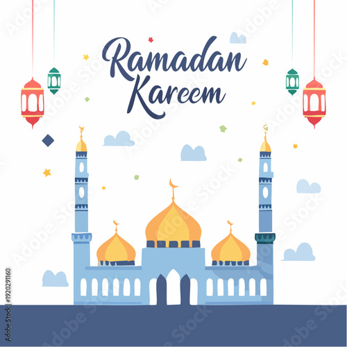 Ramadan Kareem greeting card with mosque and lanterns illustration.