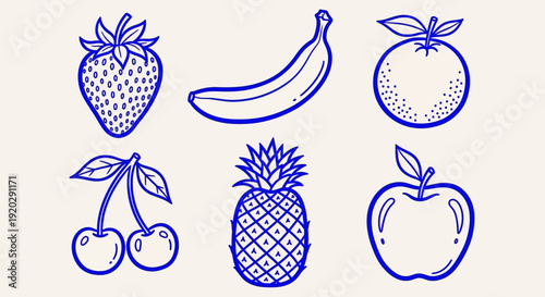 Illustration of various fruits including strawberry, banana, and pineapple arranged in a grid pattern