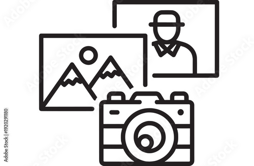 Camera photo gallery icon with image and portrait frames, simple black outline pictogram for photography, media library, album app interface and web UI design