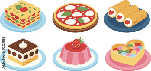 Cute food dessert set illustration, pizza cake lasagna jelly sweets collection, colorful bakery meal vector isolated on whiteCute food dessert set illustration