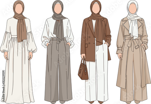Modest fashion illustration, hijab outfit design, elegant women clothing, cultural attire art, stylish modest wear, contemporary hijab fashion conceptModest fashion illustration