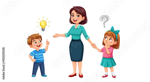 A mother guides her two curious children, a boy and a girl, with a lightbulb and question mark above their heads, standing together in a moment of inquiry and guidance