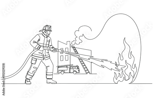 Continuous one line of Firefighter's profession doing his job and spraying water.