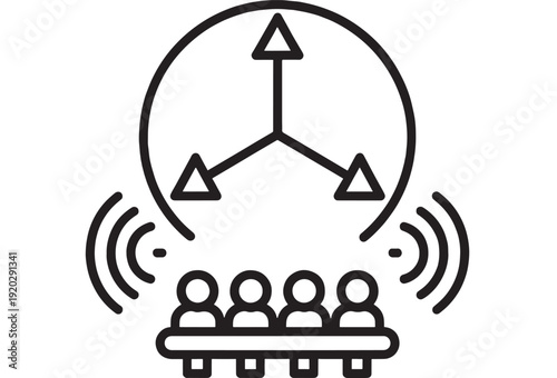 Conference presentation icon with audience at table, wireless broadcast waves, and diagram of three arrows in circle, minimalist black line symbol for training or seminar