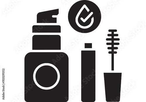 Cosmetics mascara icon set with makeup bottle, eyeliner tube, and mascara wand, plus cruelty-free check mark badge, minimal black glyph symbols isolated on white