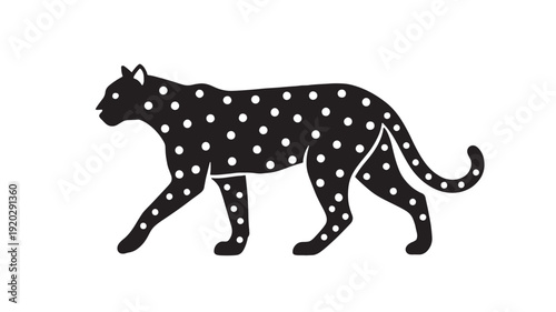 Leopard walking silhouette with dotted spotted pattern, black and white wild cat icon, minimal flat design for logo, mascot, tattoo, print, and wildlife branding
