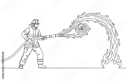 Continuous one line of Firefighter's profession doing his job and spraying water.