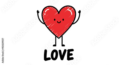 A cartoon heart character with a smiling face and outstretched arms standing beside the word love illustration