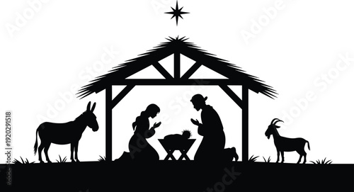 Christmas nativity silhouette scene, holy family Mary Joseph baby Jesus manger star stable vector illustration isolated white background