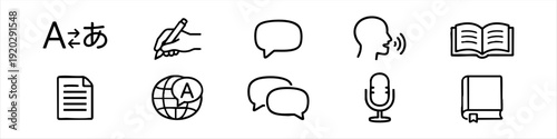 Collection of line icons for language learning, translation services, global communication, reading, and voice recognition on a white background.