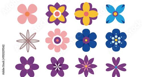A collection of colorful flower icons arranged in a grid pattern on a clean background from a straightforward viewpoint