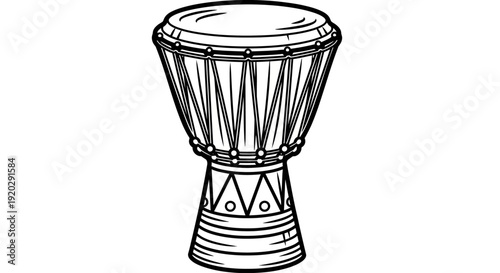 A traditional djembe drum standing upright on a plain background viewed from the front