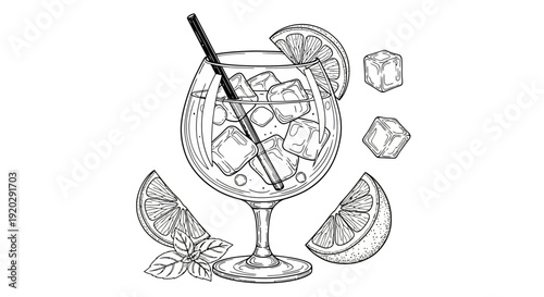 A refreshing cocktail glass filled with ice, citrus slices, and a straw, surrounded by citrus wedges and ice cubes, from a straightforward view.