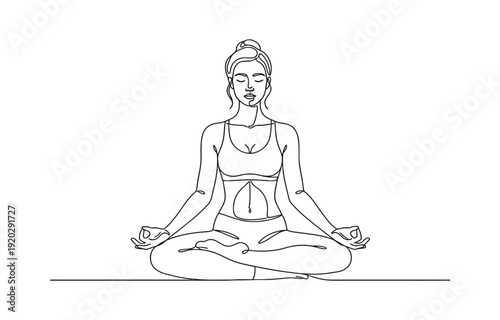 Minimalist one line drawing of woman meditating in lotus pose.