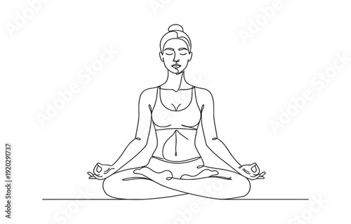 Minimalist one line drawing of woman meditating in lotus pose.