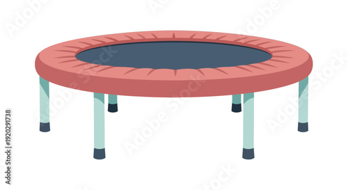 An illustration of a trampoline viewed from above, showcasing its red padding and blue jumping mat on light blue legs.