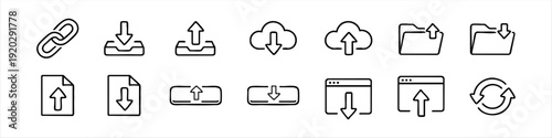 Sketchy line icons for download, upload, cloud storage, folders, and files. Blue and black hand-drawn design elements for user interface design.